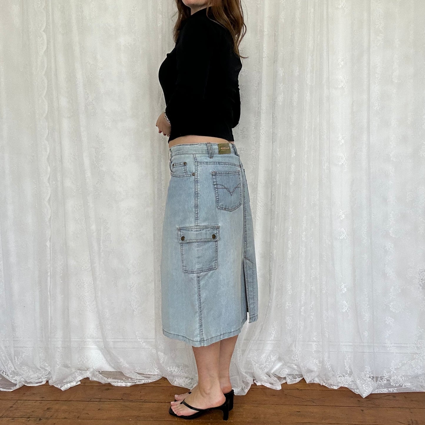 vintage 00s light wash denim midi skirt