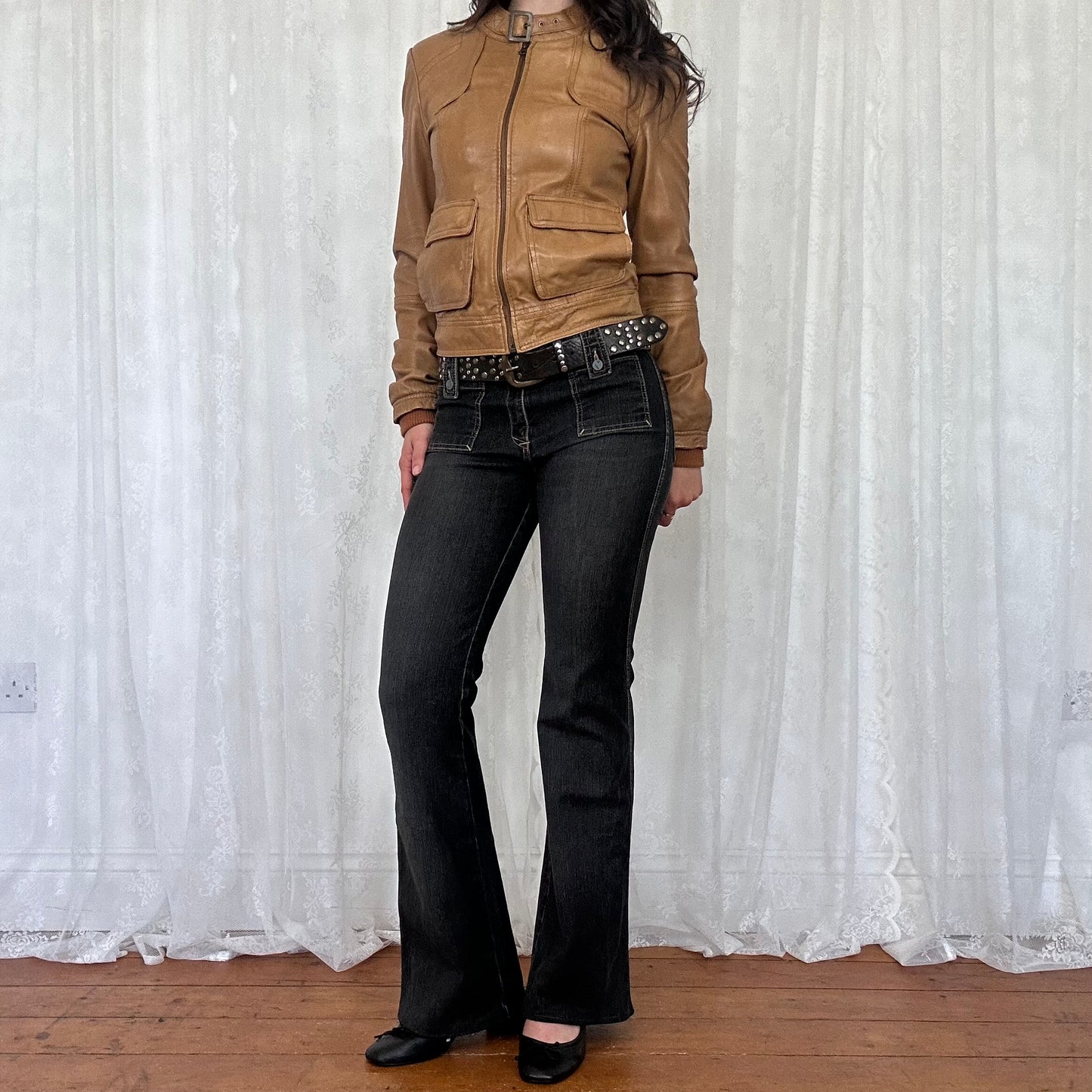 vintage 00s tan leather genuine leather biker jacket