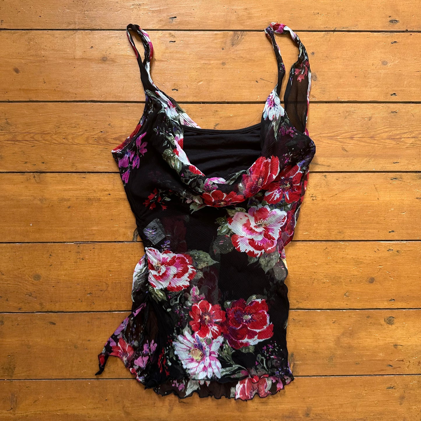 vintage 00s black and red floral cowl neck cami