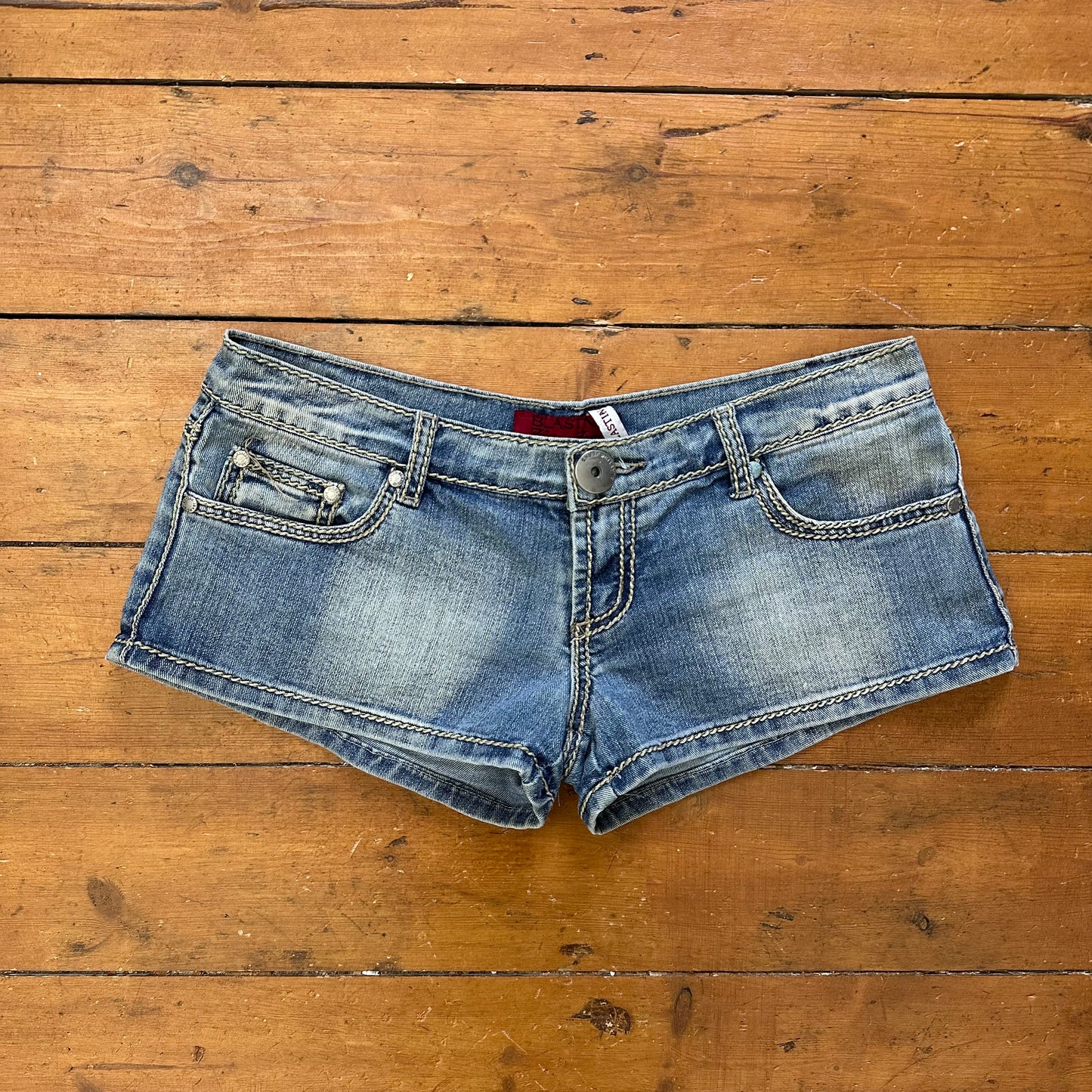 vintage 00s denim micro mini shorts with contrast stitching