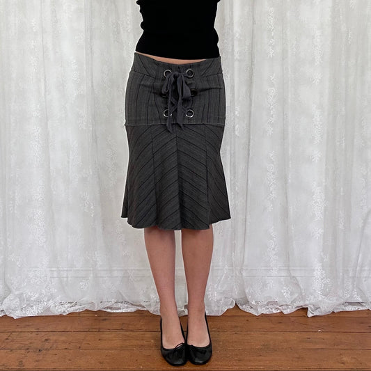 vintage 00s grey pinstripe fitted midi skirt
