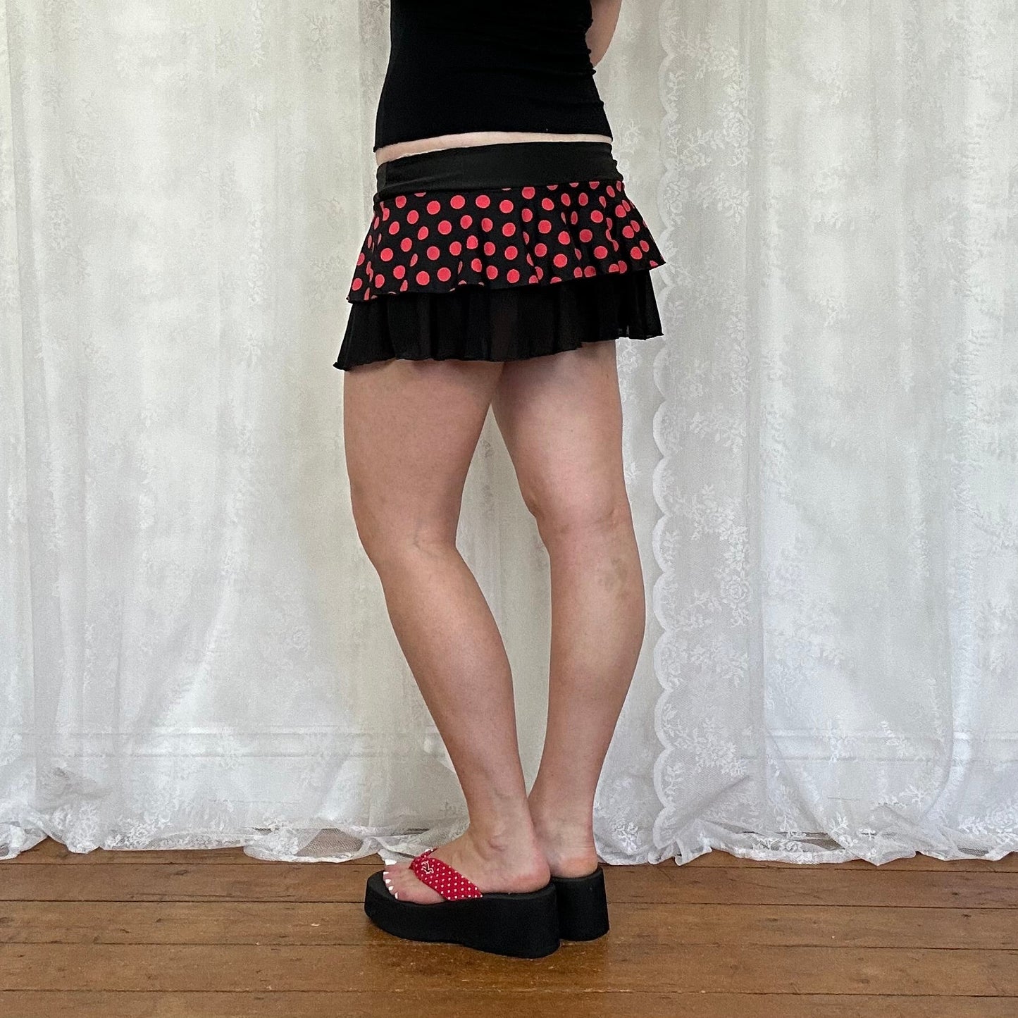 vintage 00s black and red polka dot micro skirt