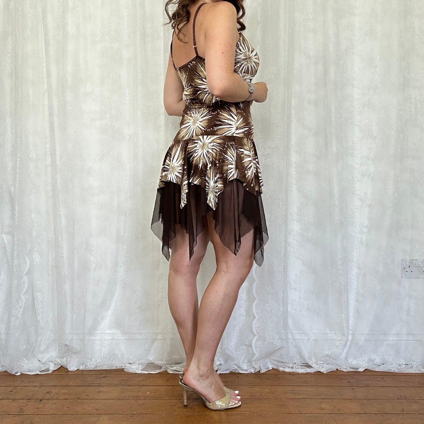 vintage 00s brown floral hanky hem mini dress