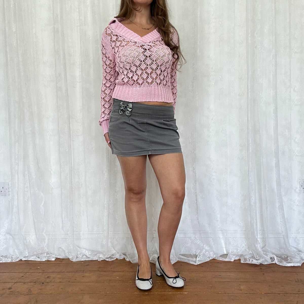 vintage 00s grey bow detail mini skirt