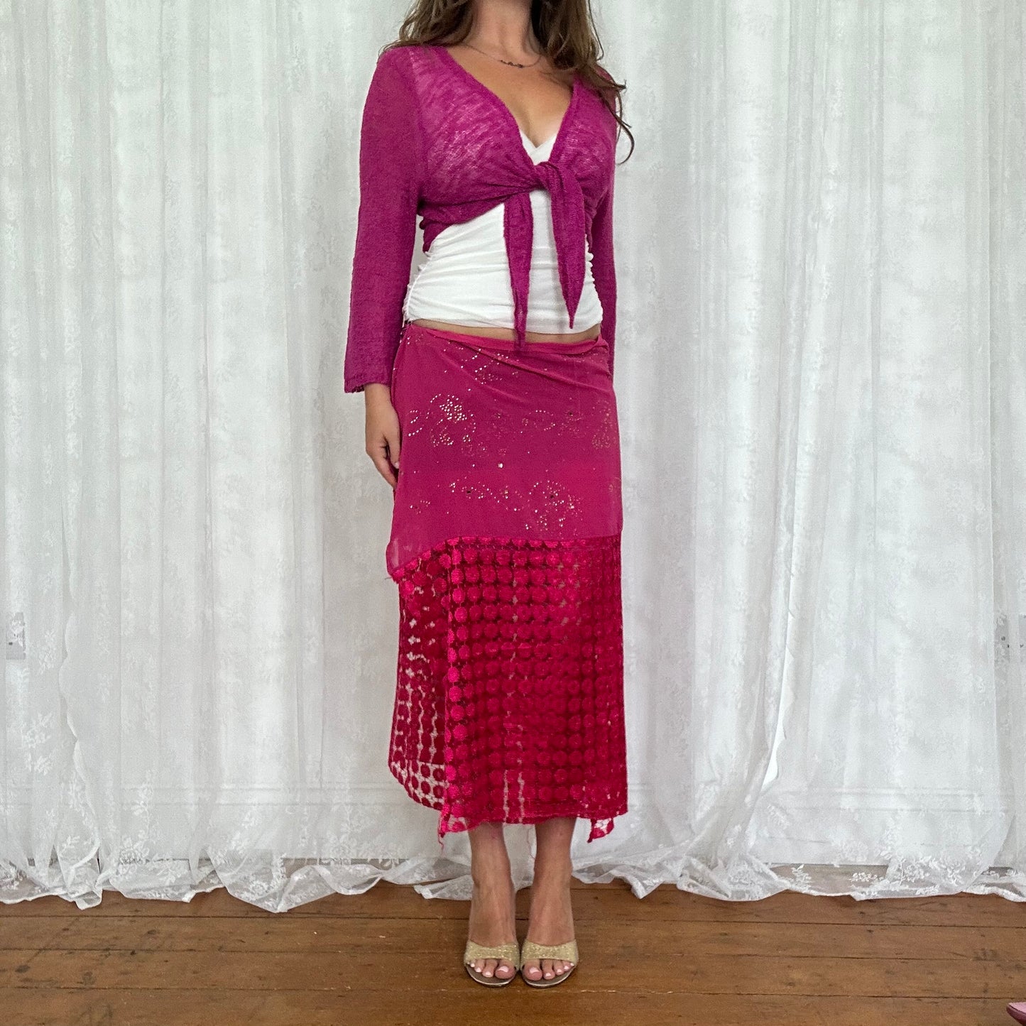 vintage 00s hot pink diamanté shawl / wrap skirt