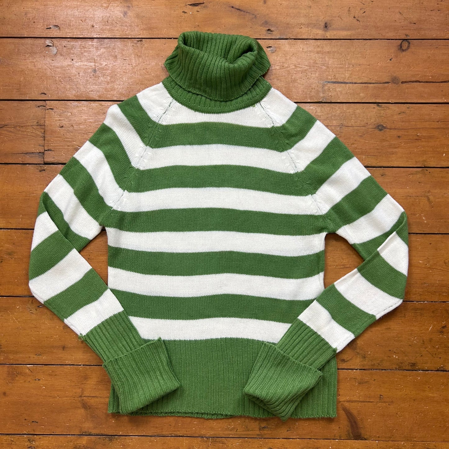 vintage 00s green and white striped knitted roll neck jumper