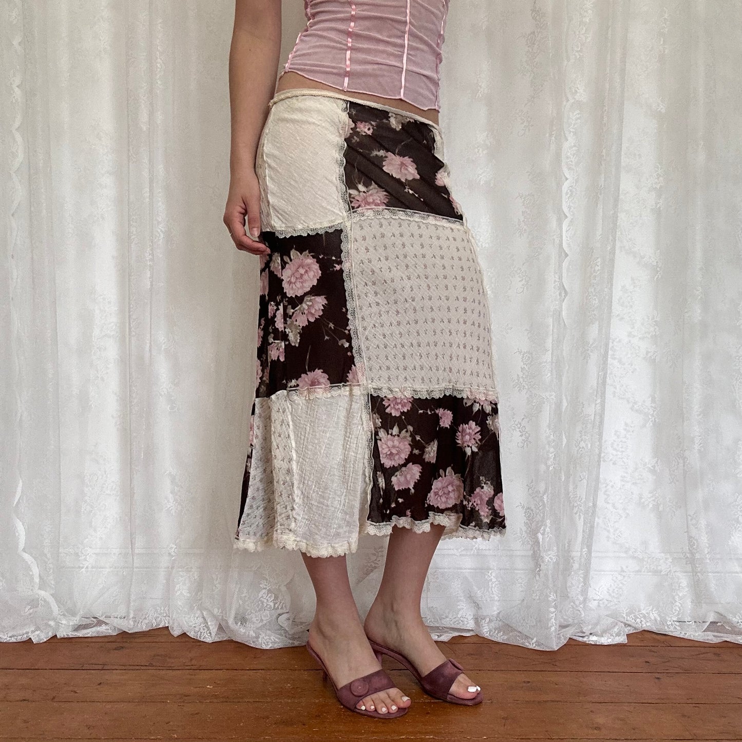 vintage 00s cream brown and pink floral patchwork midi skirt