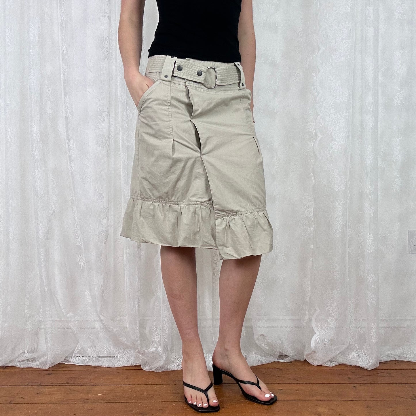 vintage 00s beige cargo midi skirt