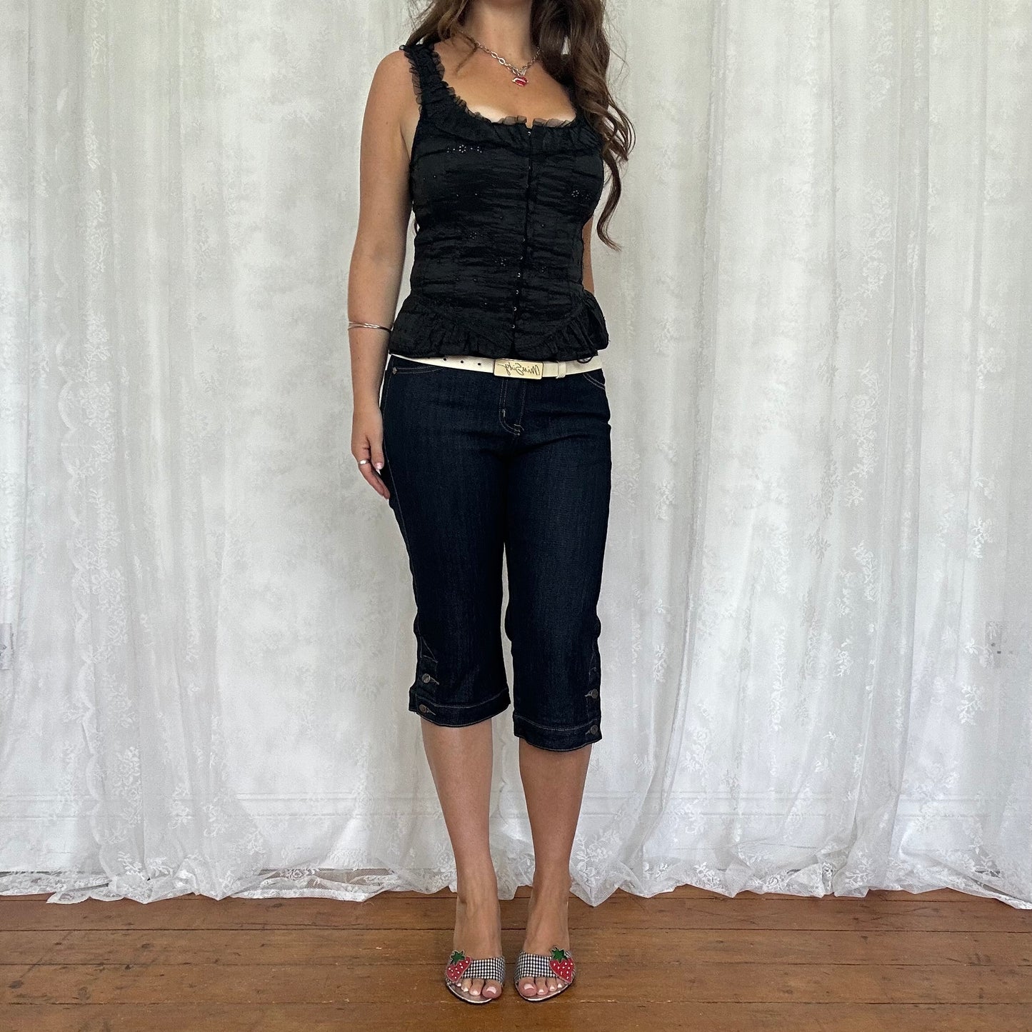 vintage 00s black broderie hook and eye top