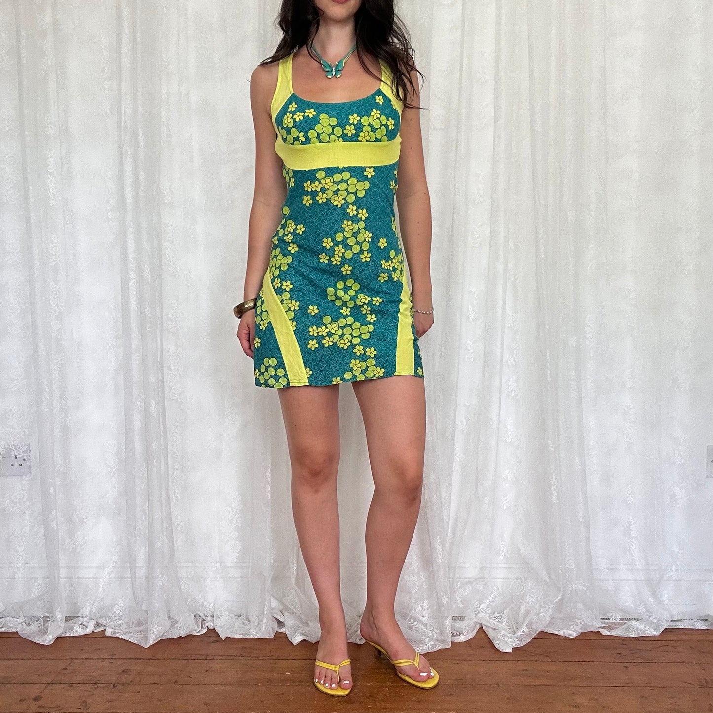 vintage 00s blue and green floral mini dress