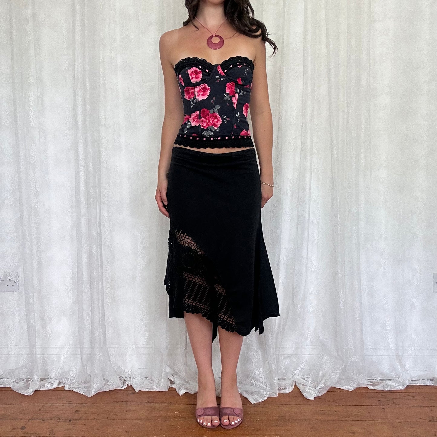 vintage 00s black midi skirt with crochet insert