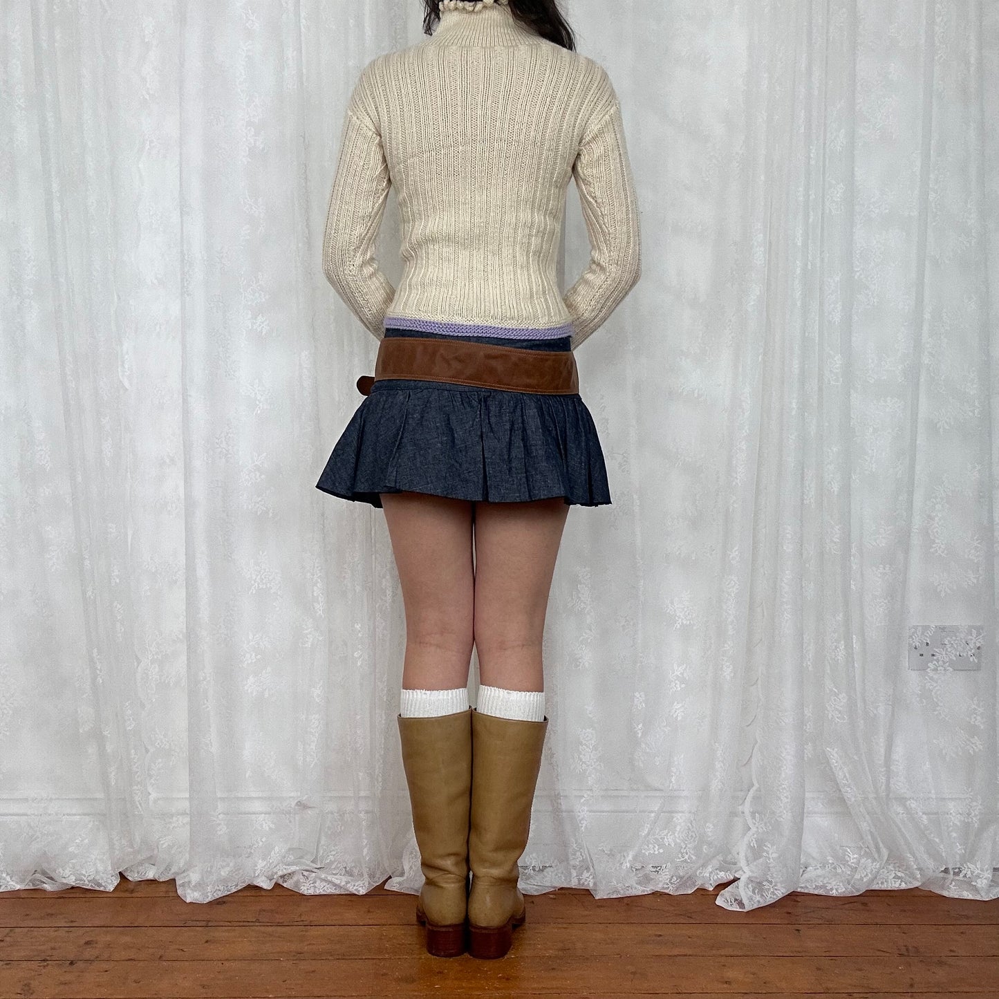 vintage 00s cream roll neck knitted jumper with lilac trim