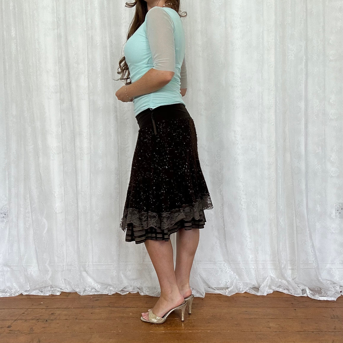 vintage 00s brown knitted lace fairy midi skirt