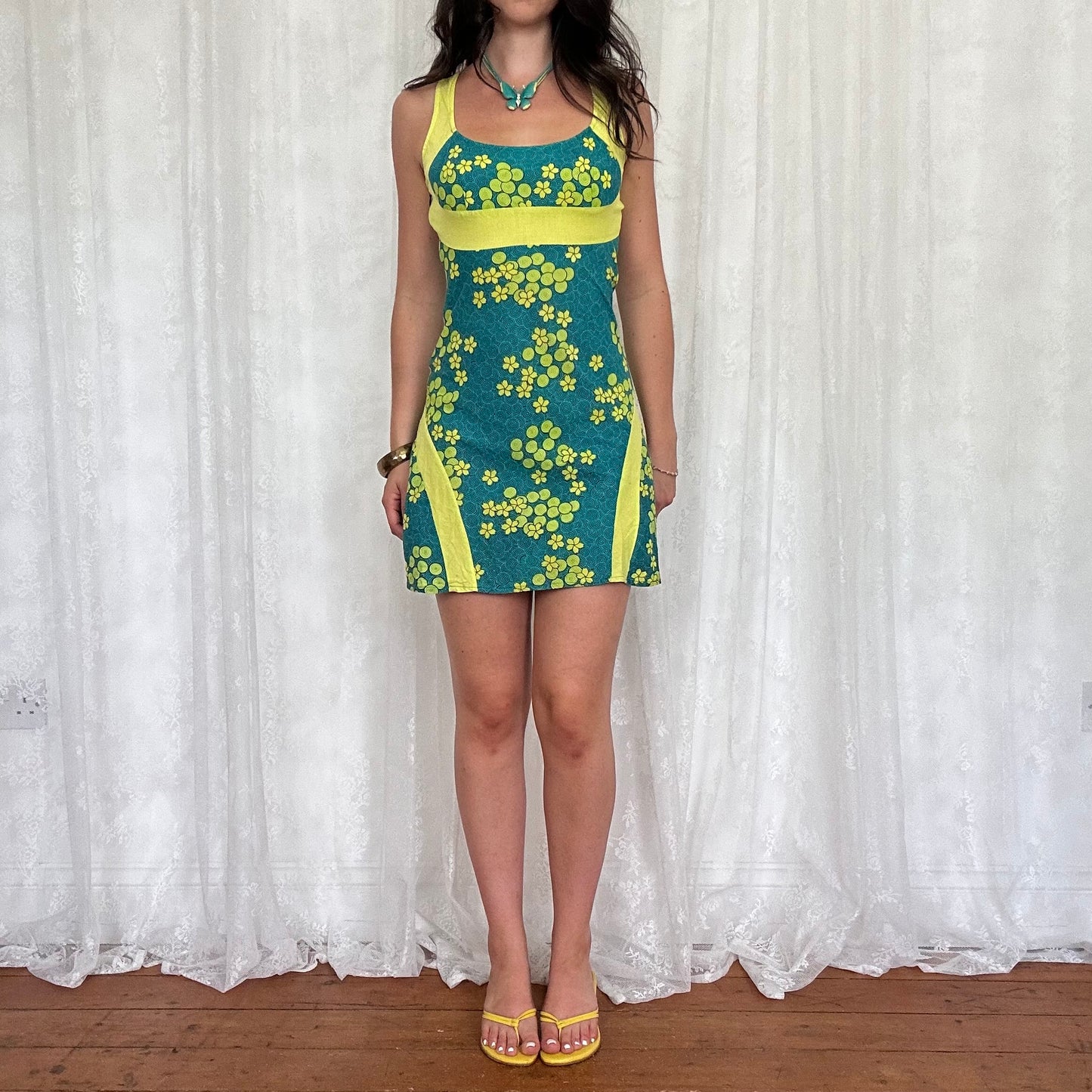 vintage 00s blue and green floral mini dress