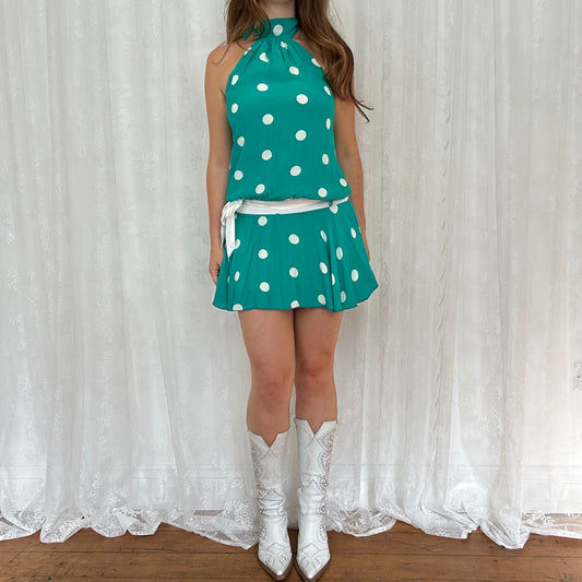 vintage 00s green polka dot halter dress