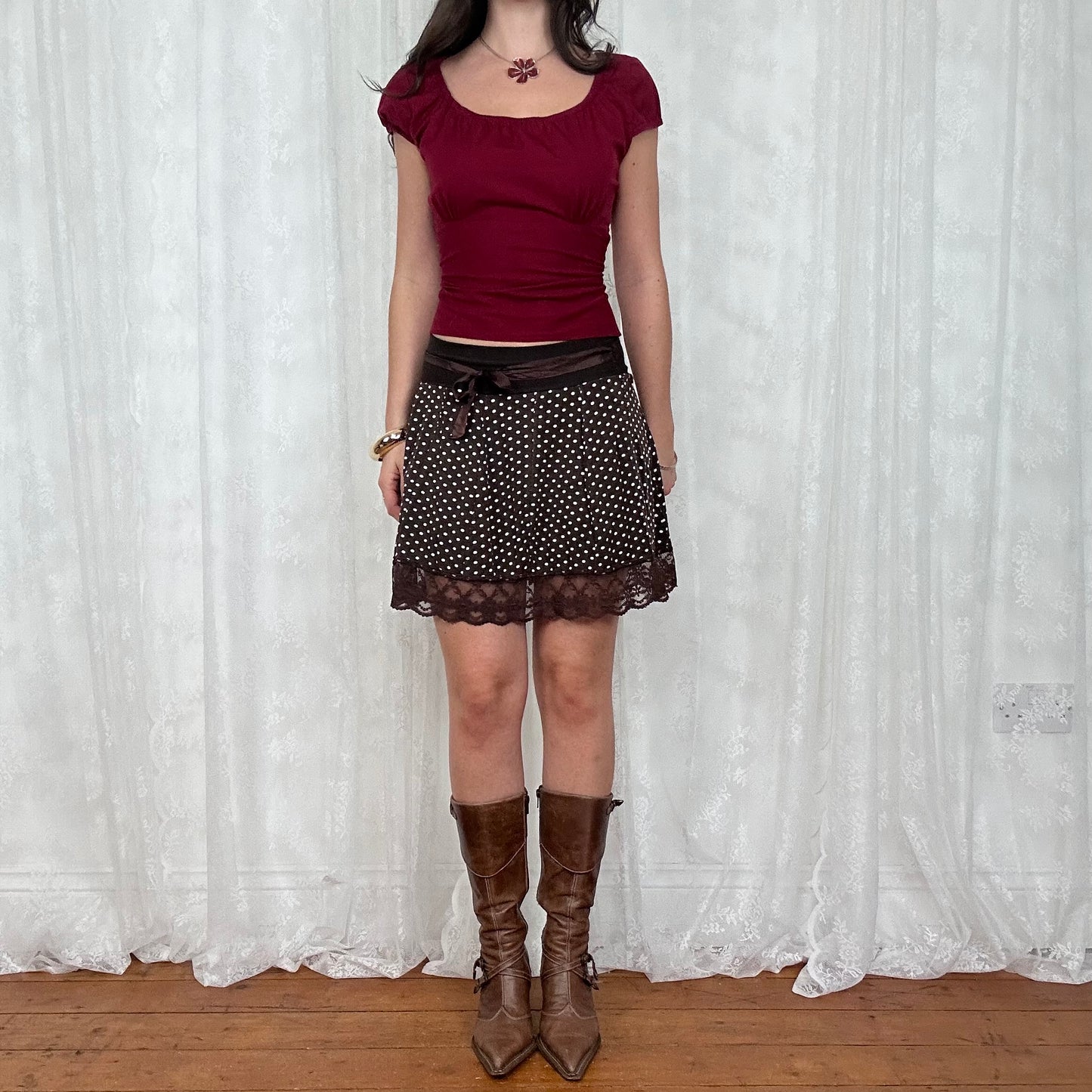 vintage 00s brown polka dot lace trim skirt
