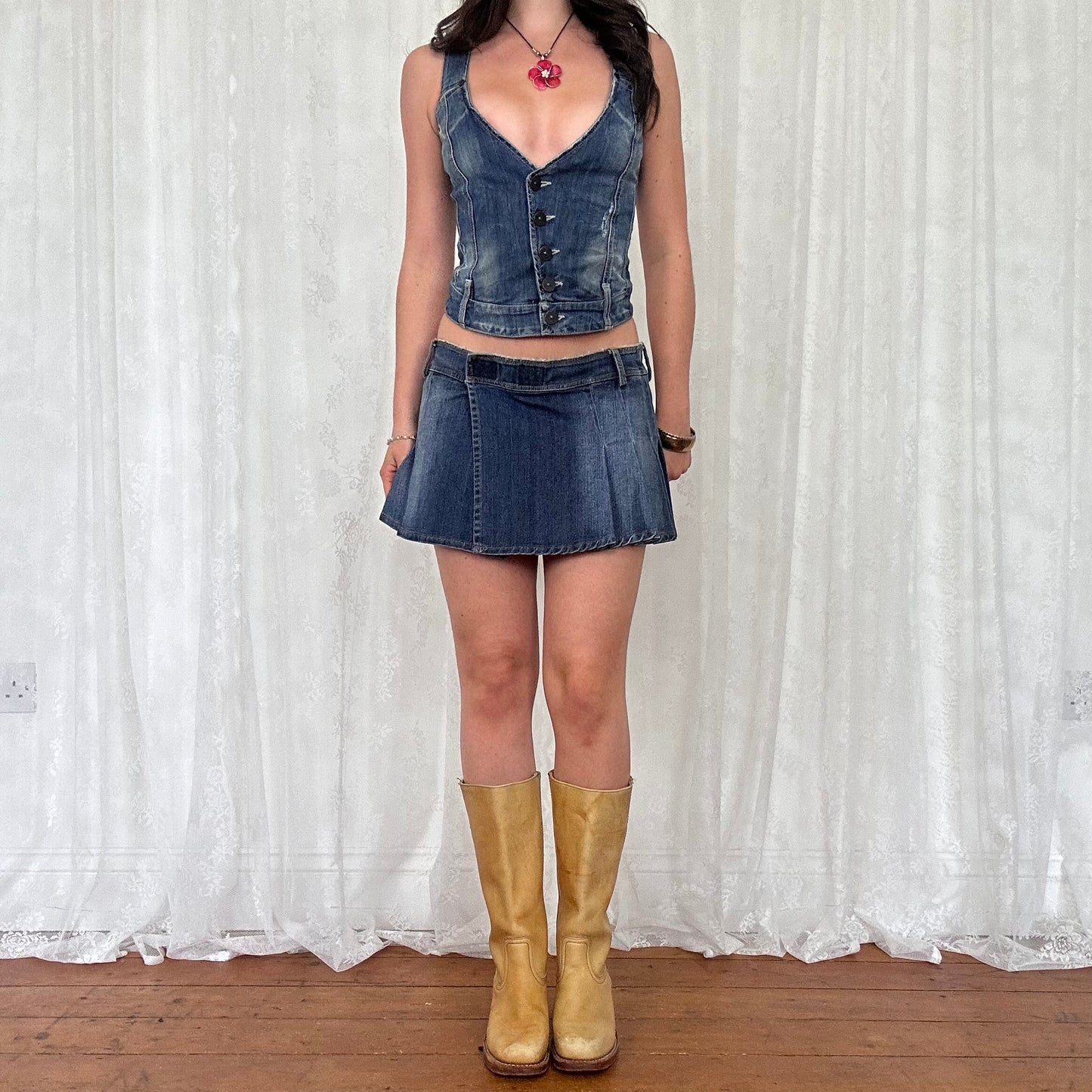 vintage 00s denim button up fitted waistcoat top
