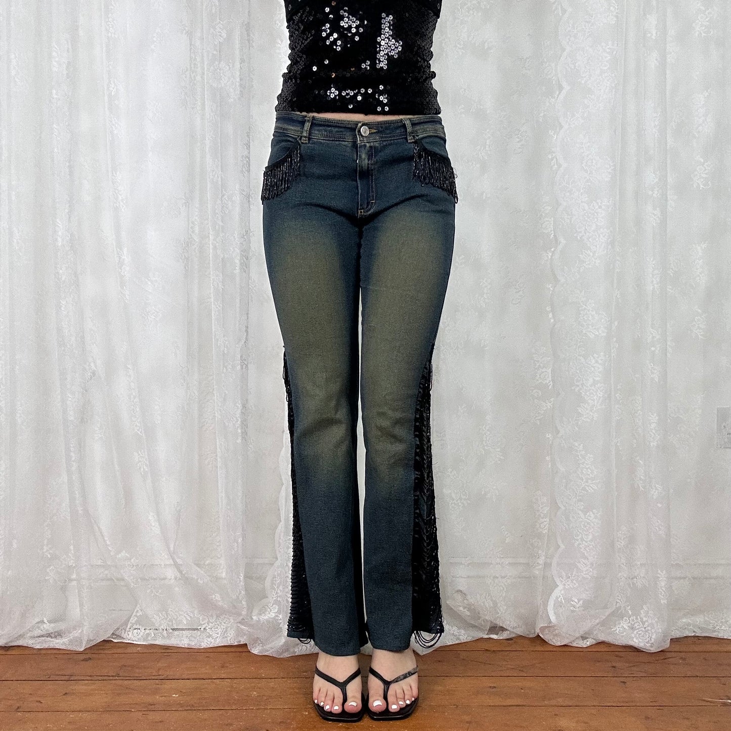 vintage 00s low rise black beaded tassle flared jeans