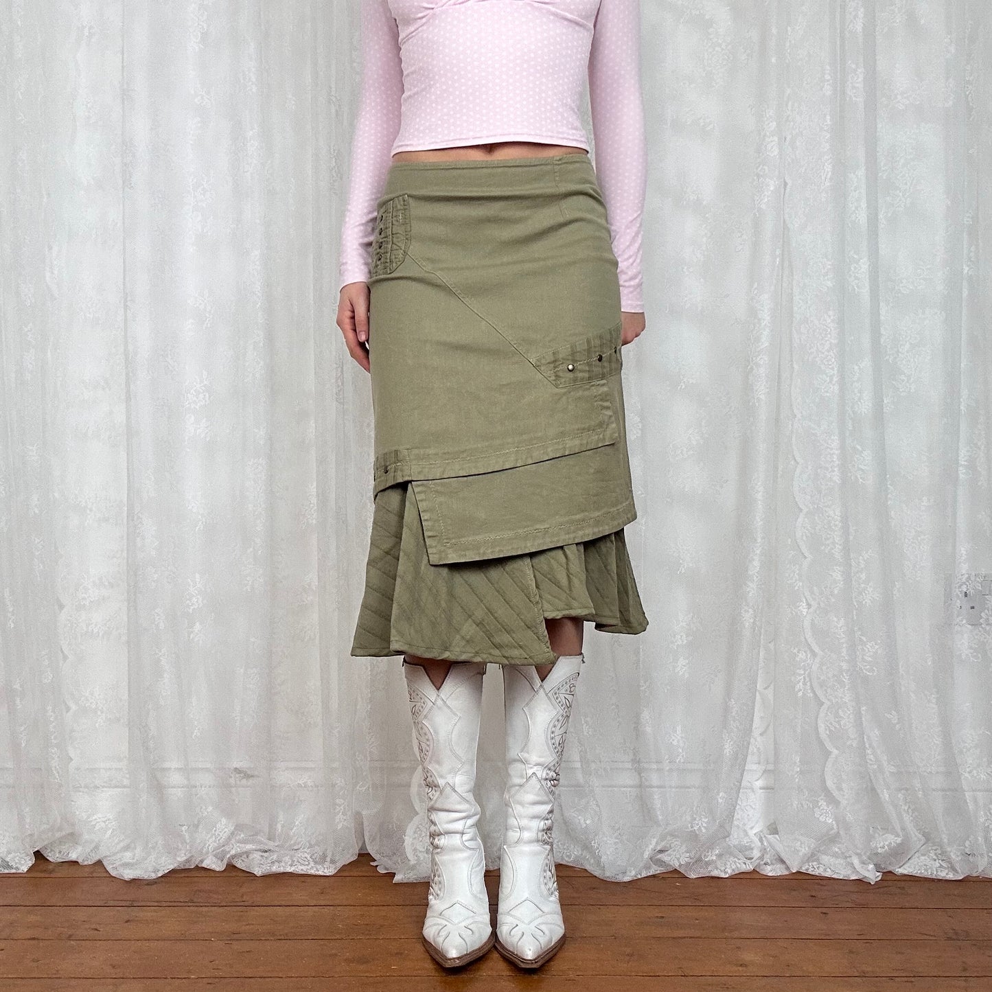 vintage 00s bleached khaki studded midi skirt
