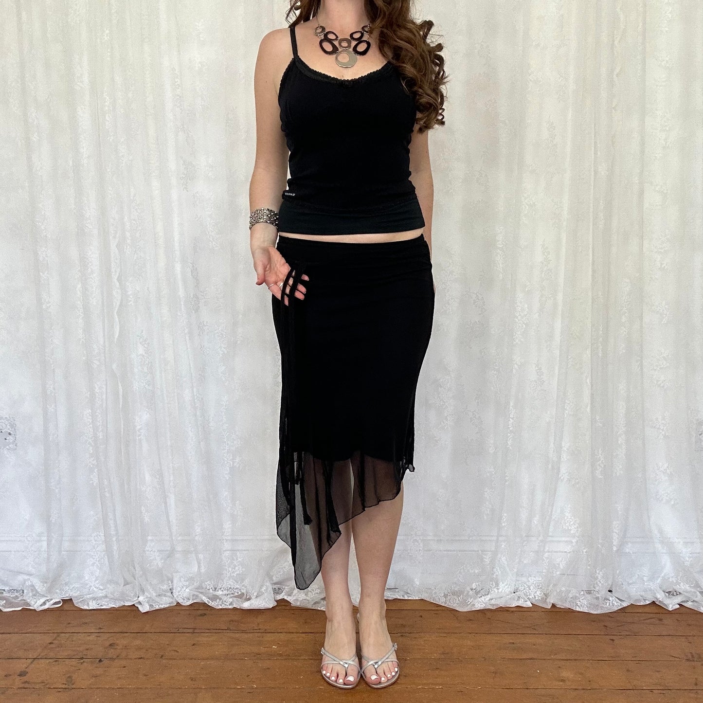 vintage 00s black asymmetrical mesh midi skirt