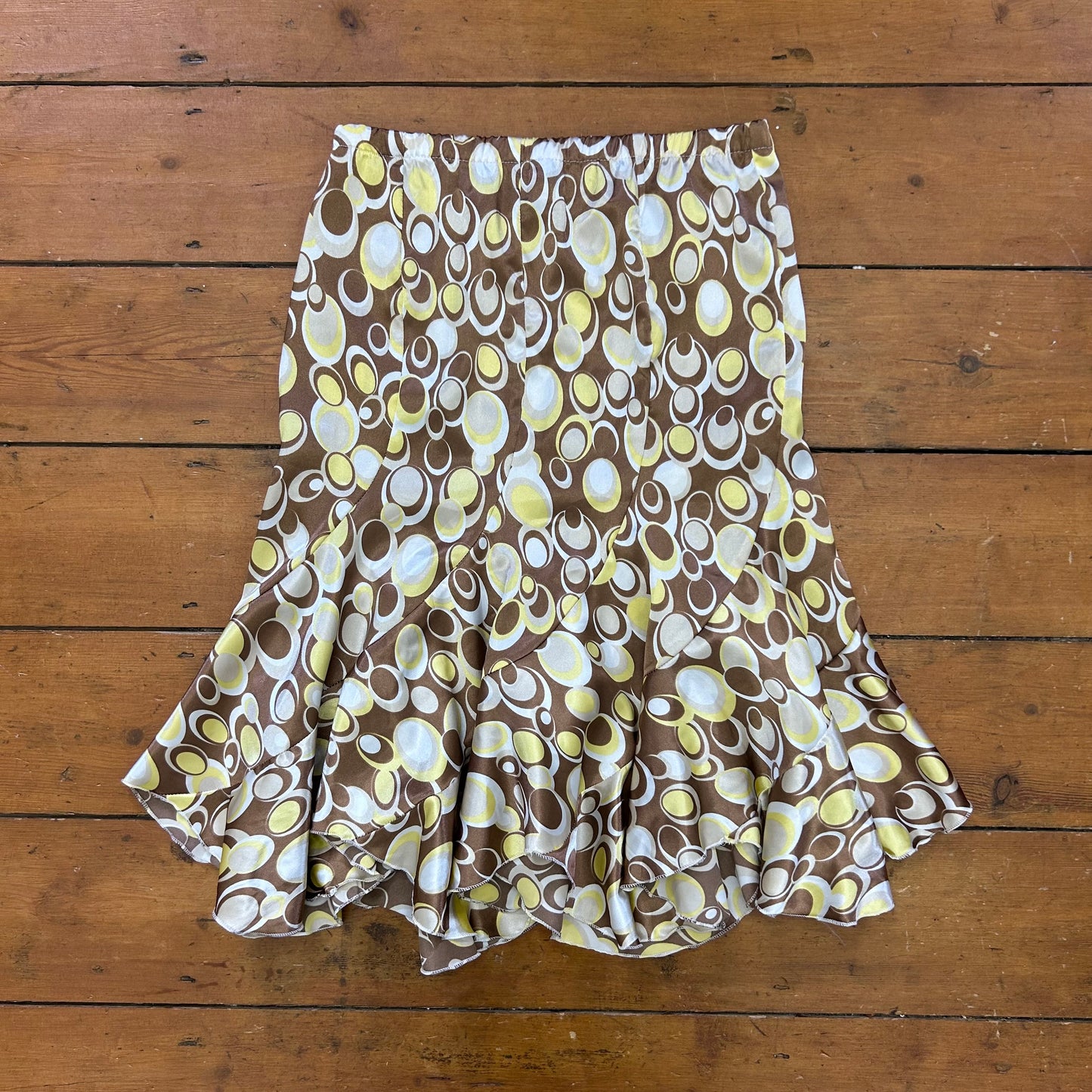 vintage 00s brown satin circle print flared midi skirt