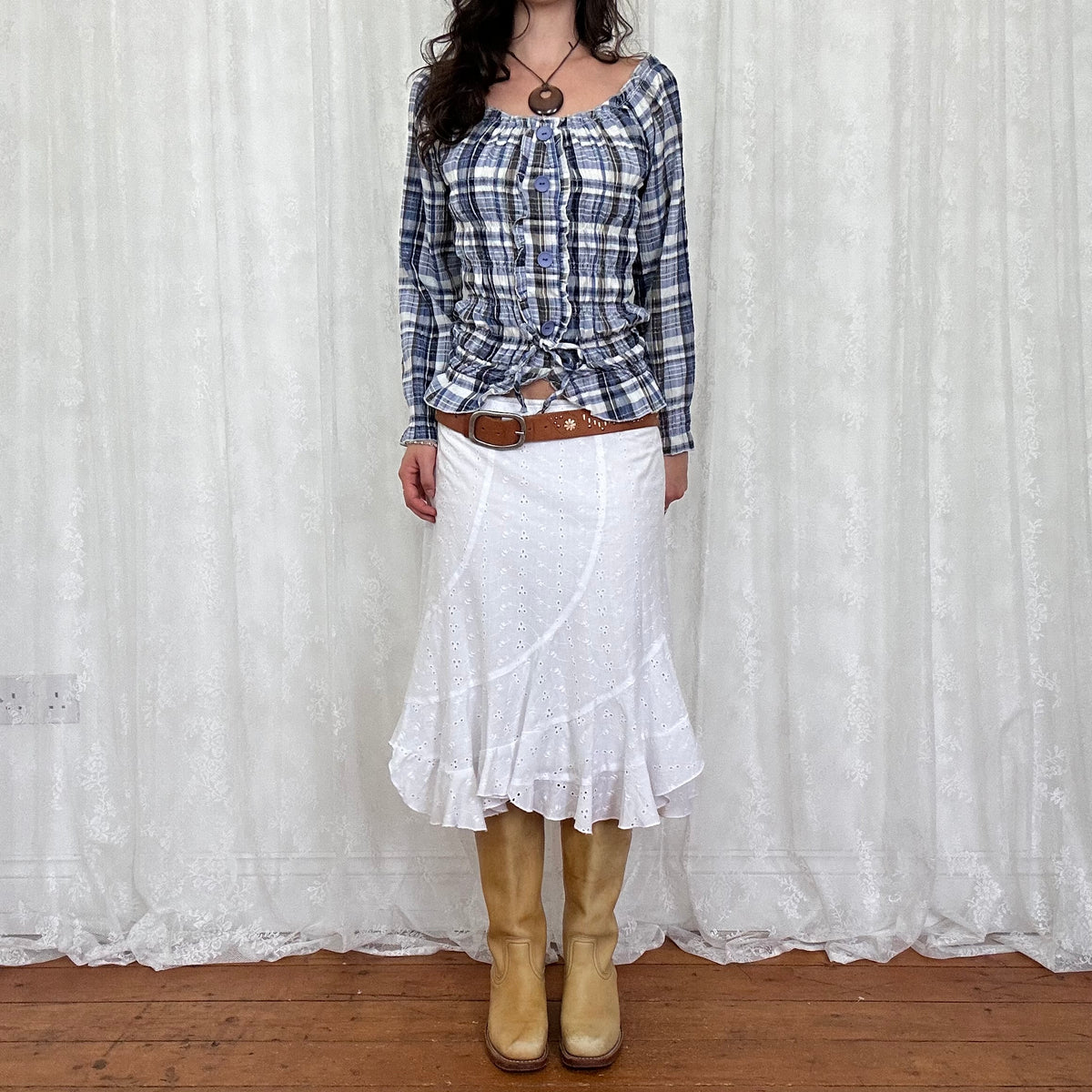 vintage 00s navy gingham milkmaid long sleeve top
