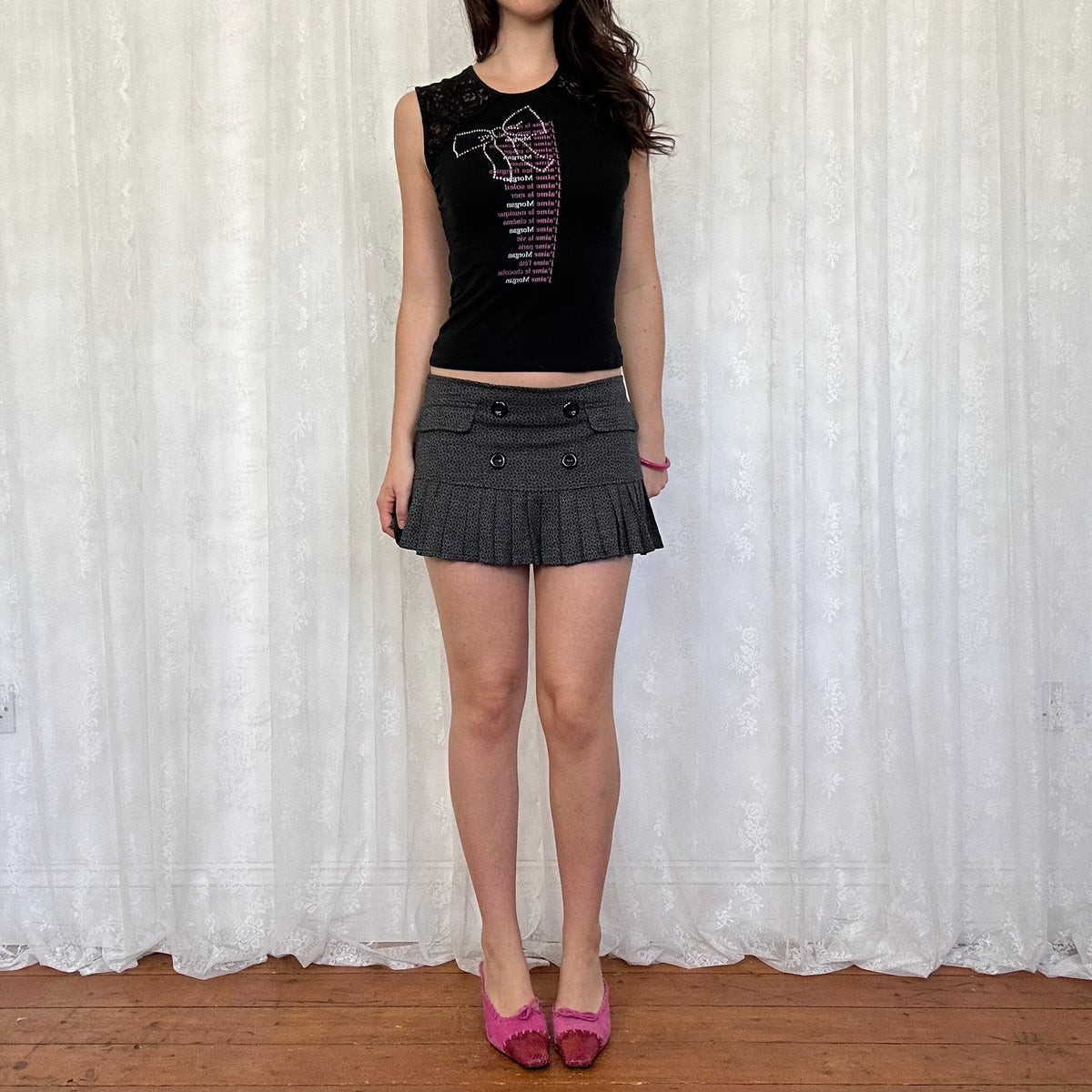 vintage 00s grey low rise pleated mini skirt