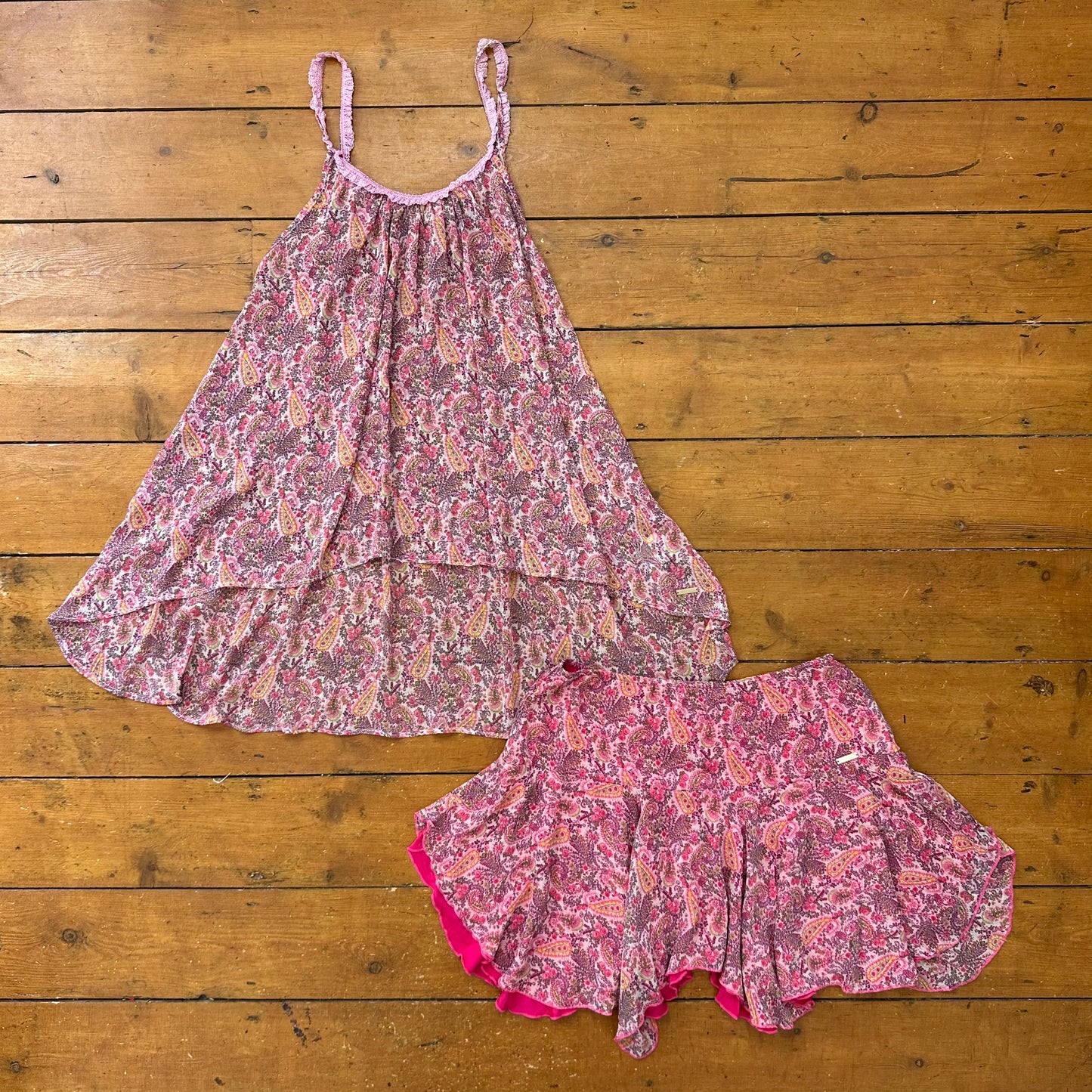 vintage 00s pink paisley floaty mesh cami and mini skirt set