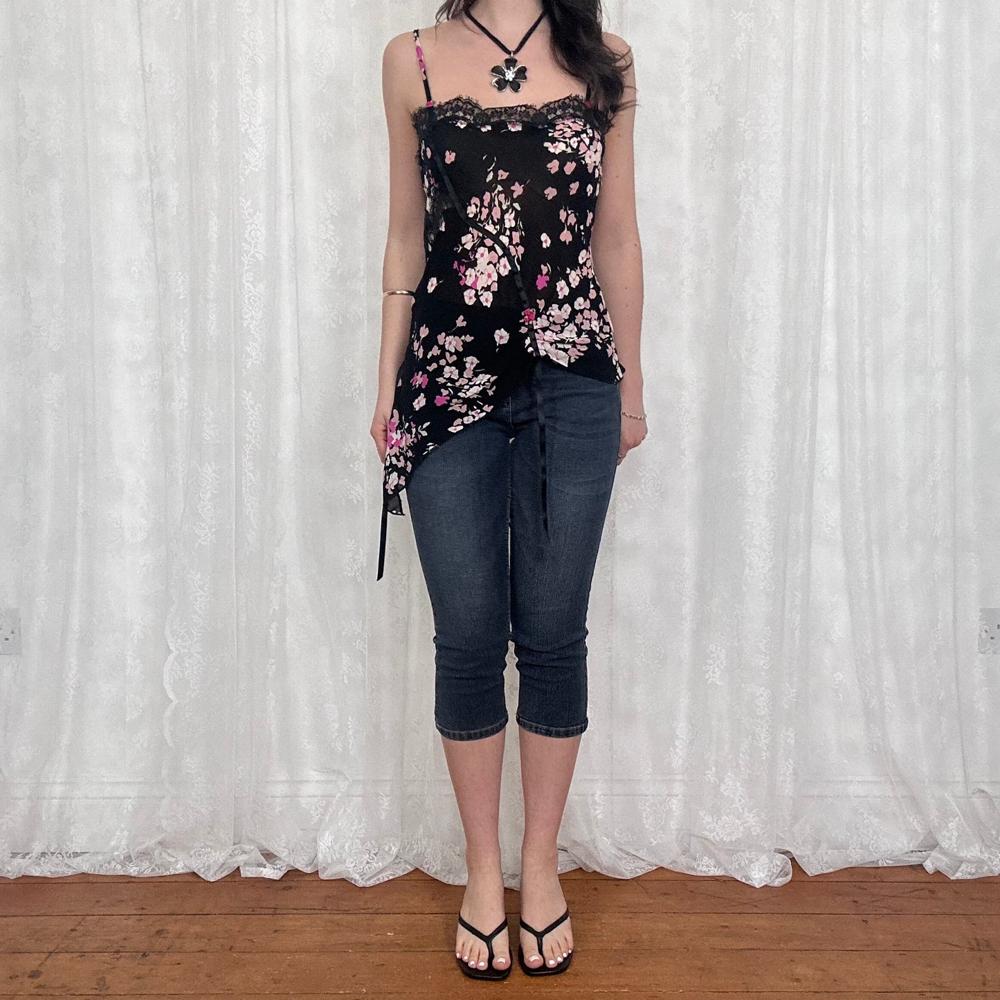 vintage 00s black floral asymmetrical cami