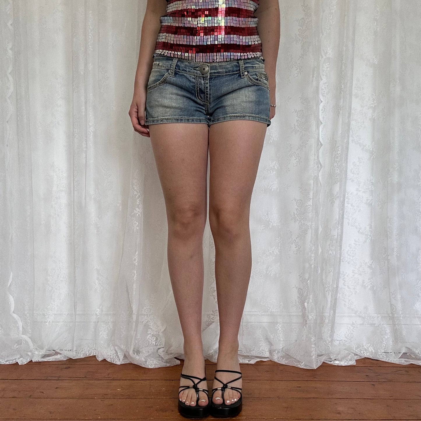 vintage 00s denim micro mini shorts with contrast stitching
