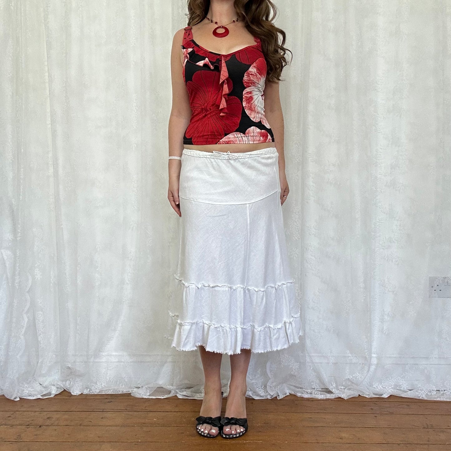 vintage 00s red and black floral cami