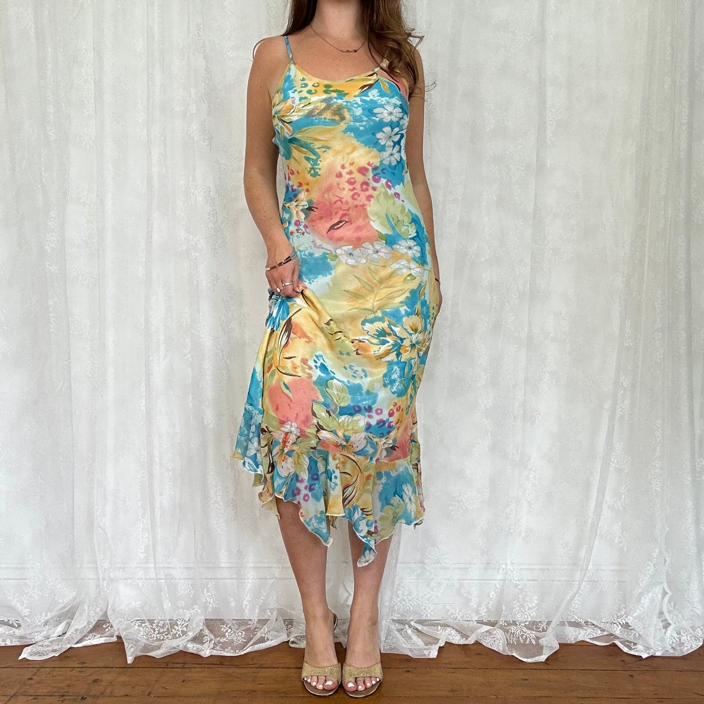 vintage 00s floral mesh midi dress