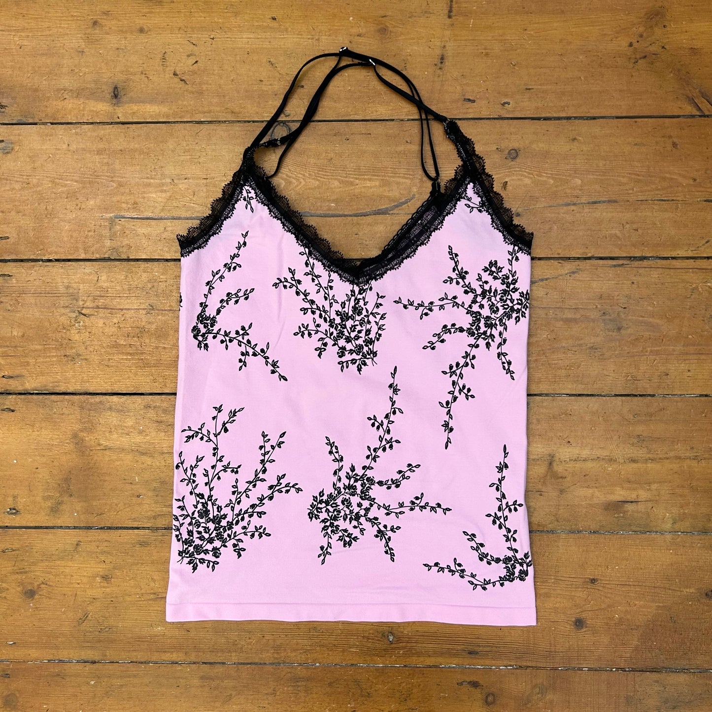 vintage 00s black and pink floral cami