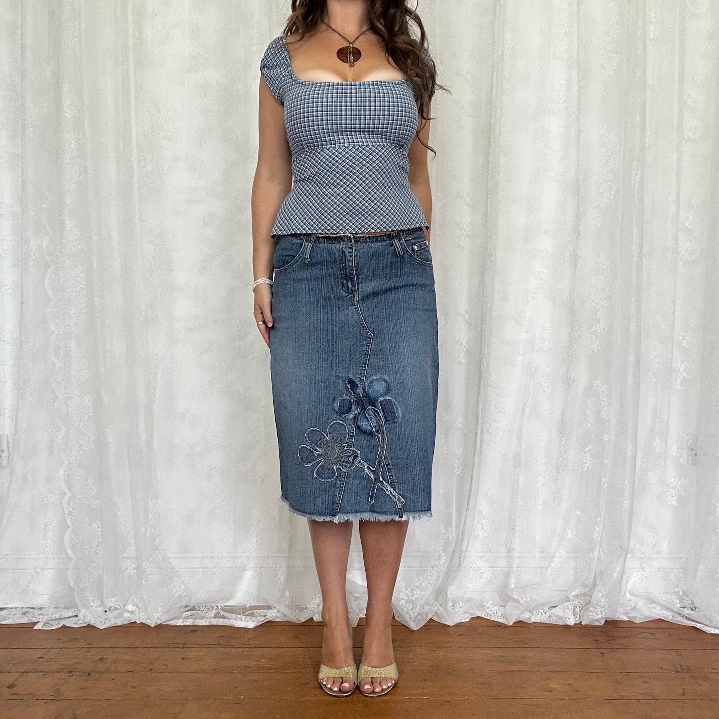 vintage 00s pimkie blue checkered tie back milkmaid top