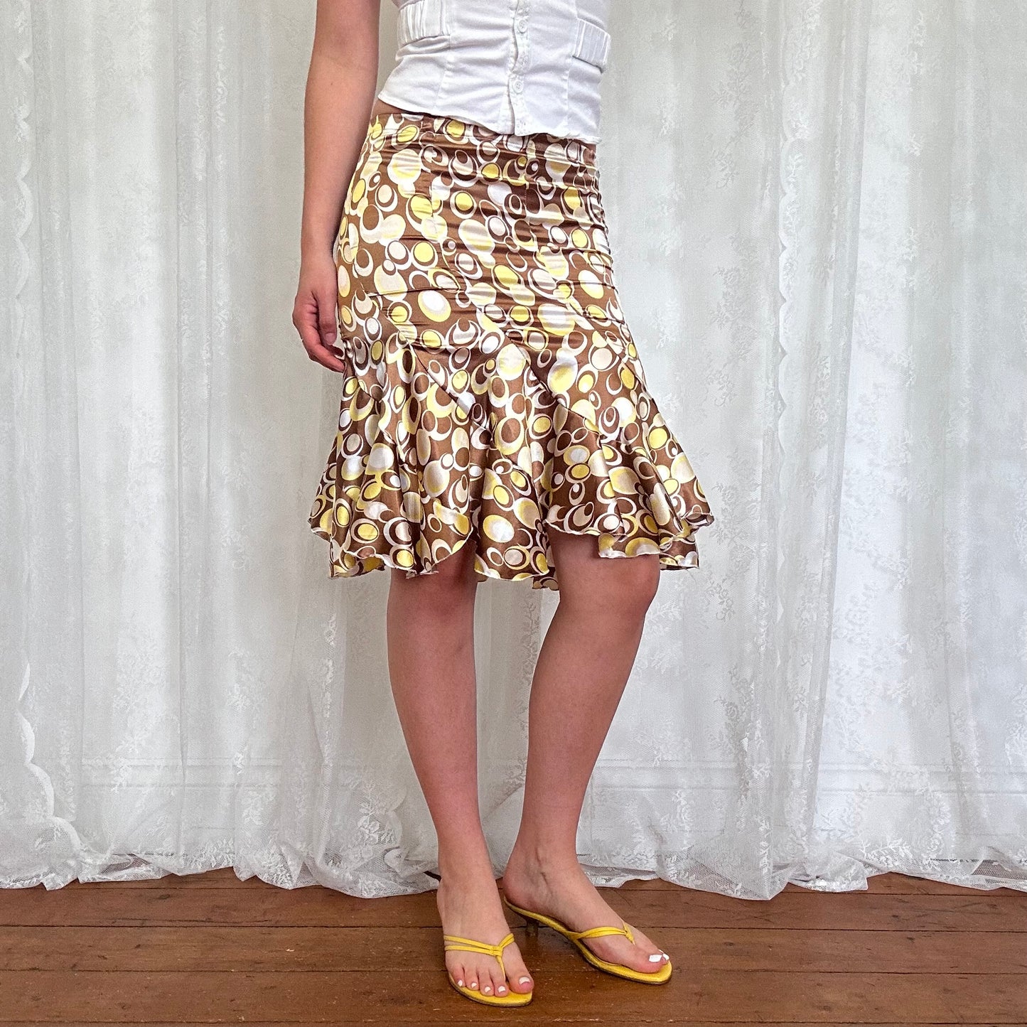 vintage 00s brown satin circle print flared midi skirt