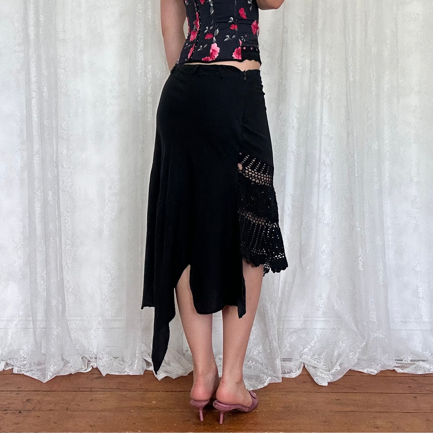 vintage 00s black midi skirt with crochet insert