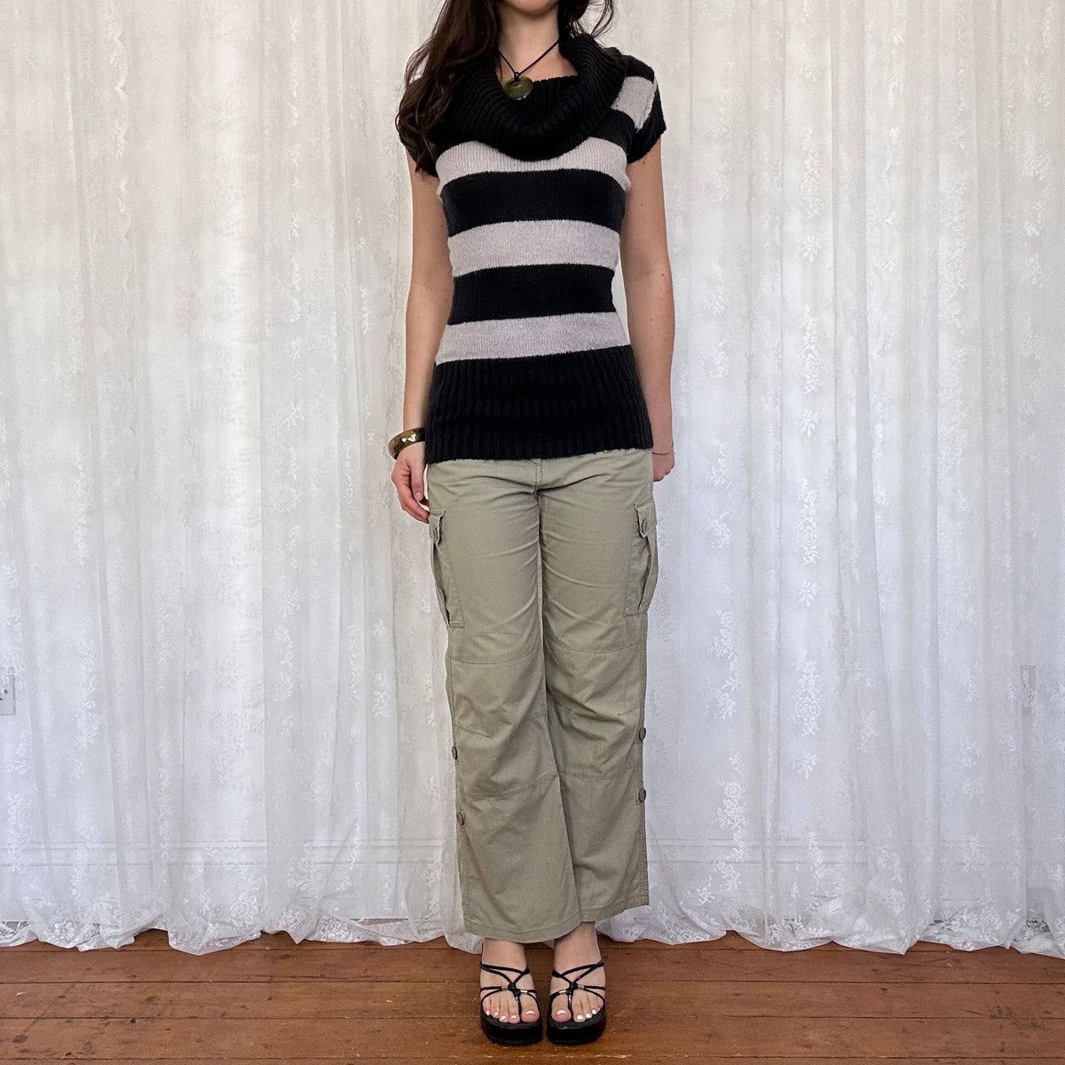 vintage 00s black and grey striped off shoulder jumper