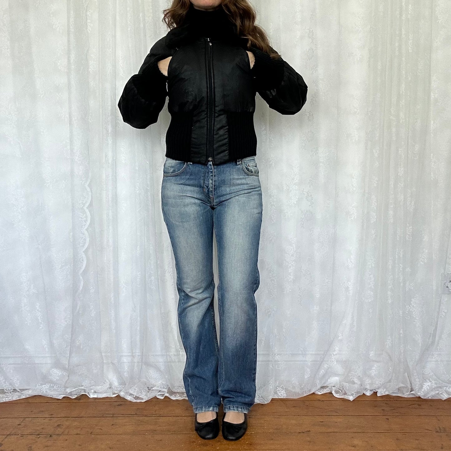 vintage 00s black cinched waist bomber jacket