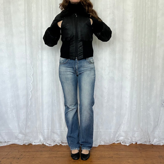 vintage 00s black cinched waist bomber jacket