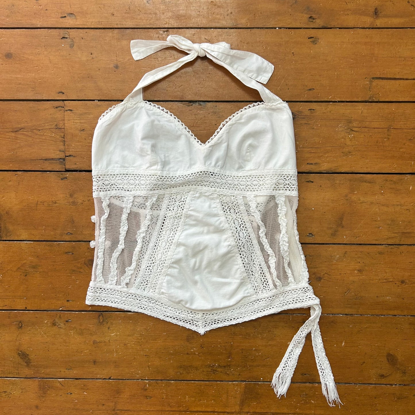 vintage 00s white crochet mesh panel halter top
