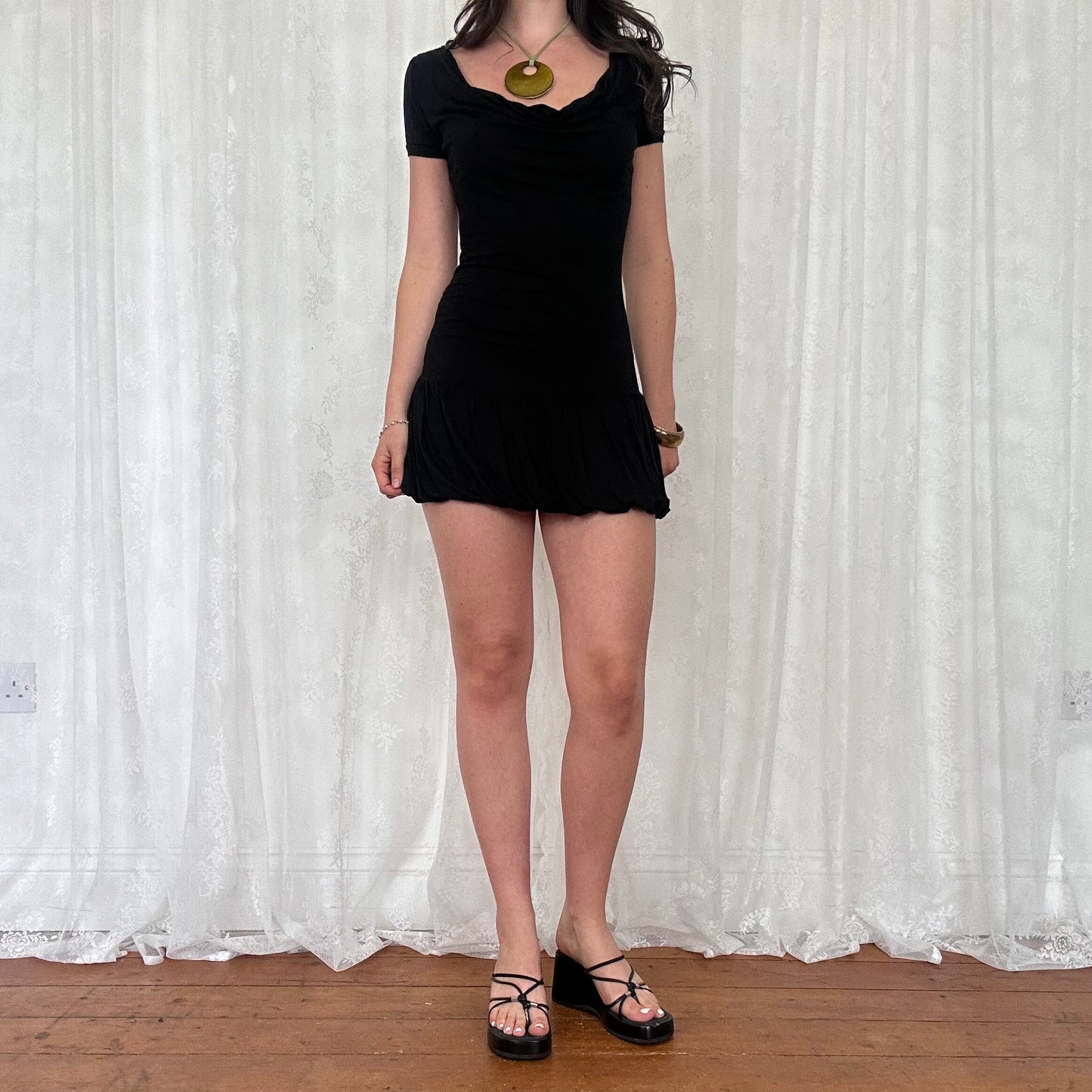 vintage 00s black cowl neck bubble mini dress