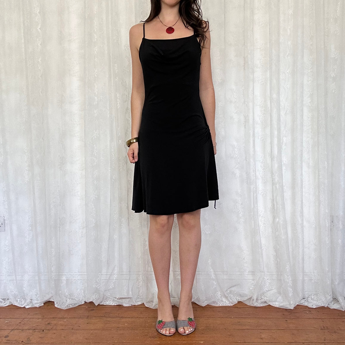 vintage 00s black slinky cowl neck midi dress