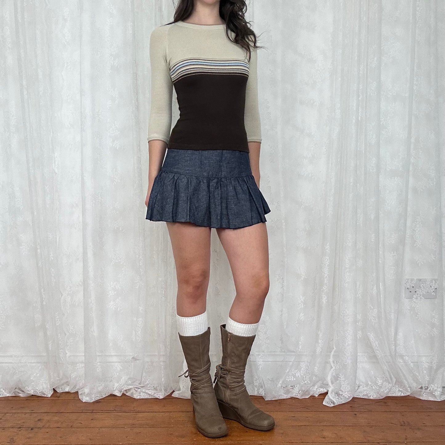 vintage 00s brown and blue crop sleeve knitted top