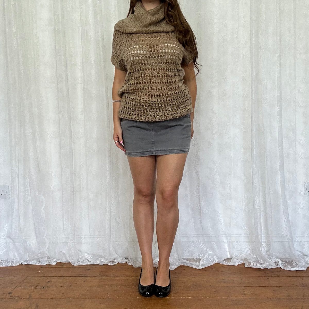vintage 00s brown crochet short sleeve jumper/ mini dress