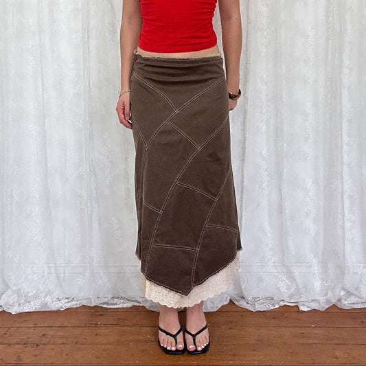 vintage 00s brown patchwork maxi skirt