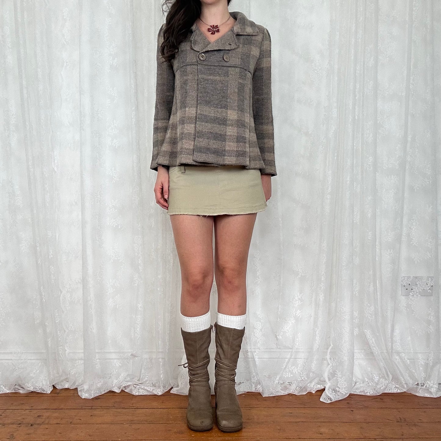 vintage 00s grey and beige knitted peacoat