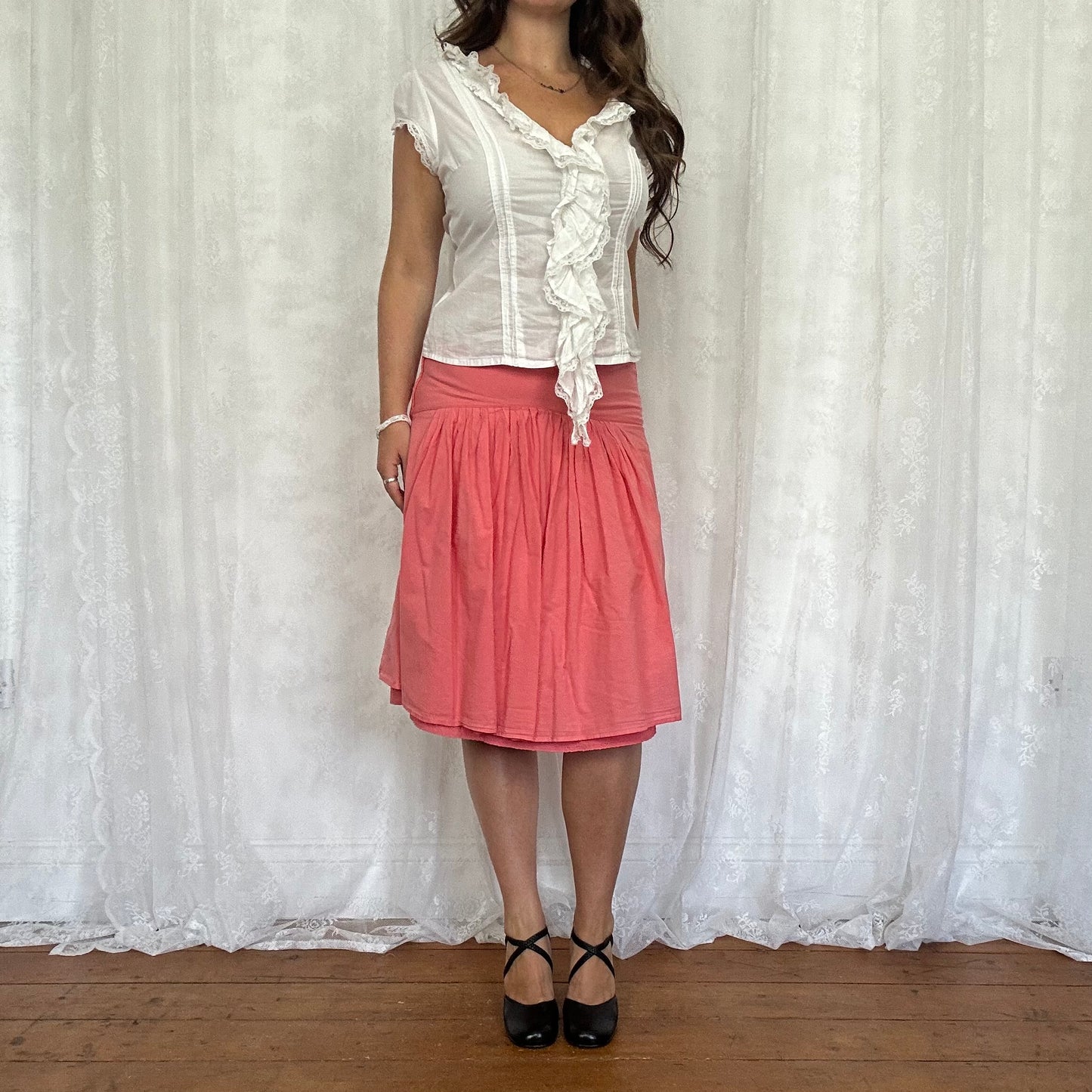 vintage 00s white lace trim short sleeve shirt