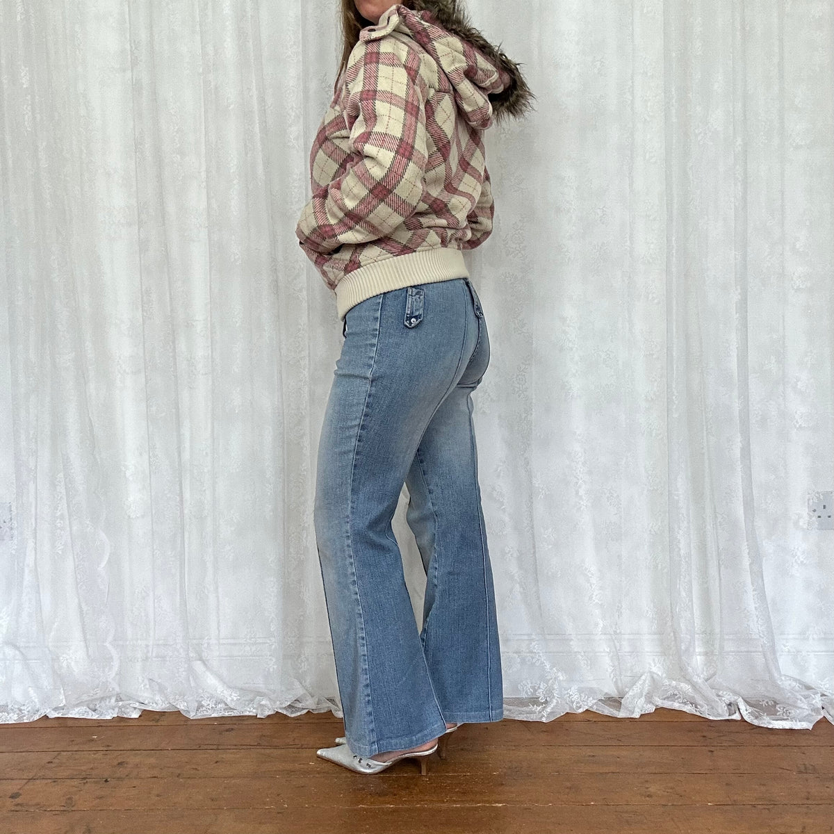 vintage 00s pink and white checkered hooded bomber jacket