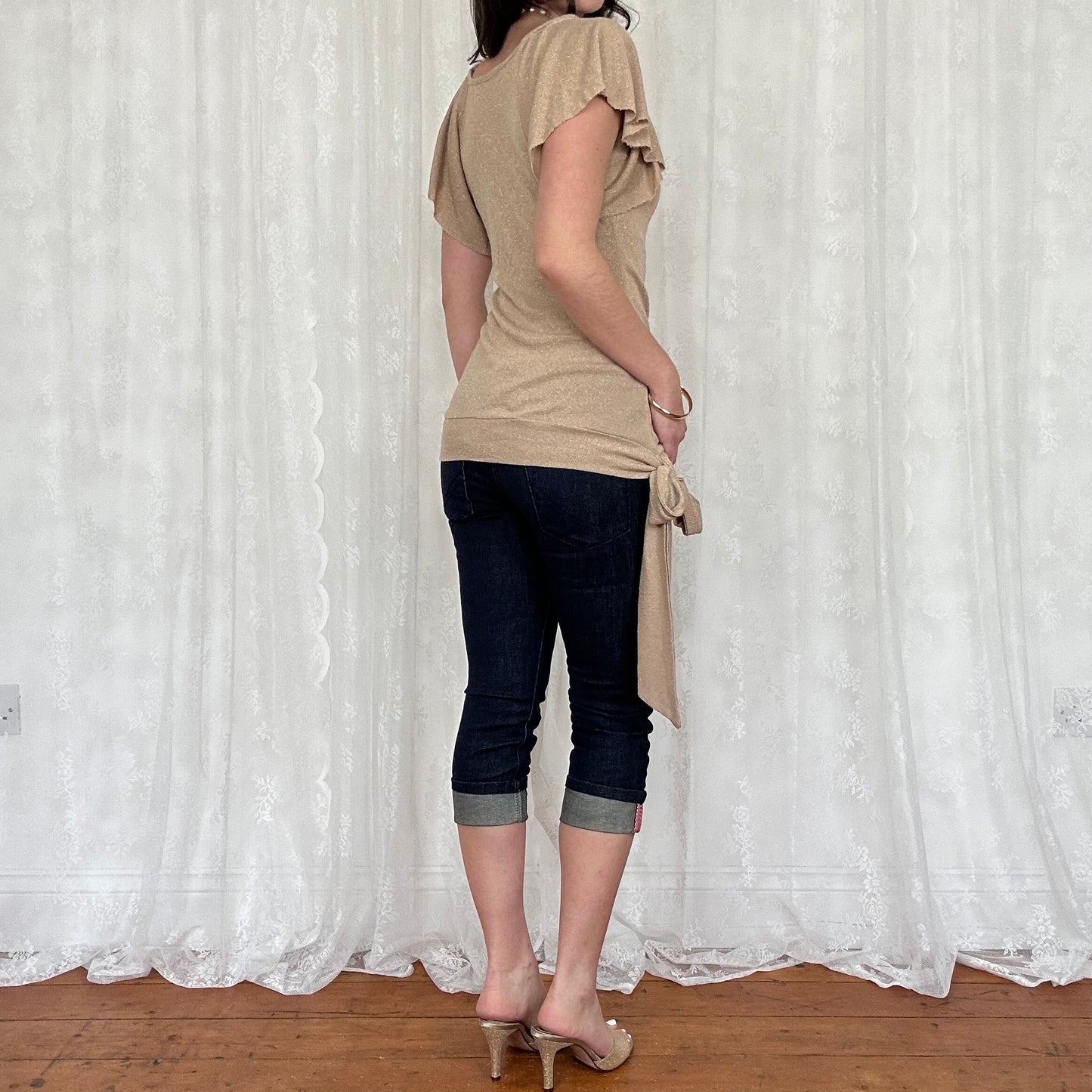vintage 00s gold shimmery tie waist top