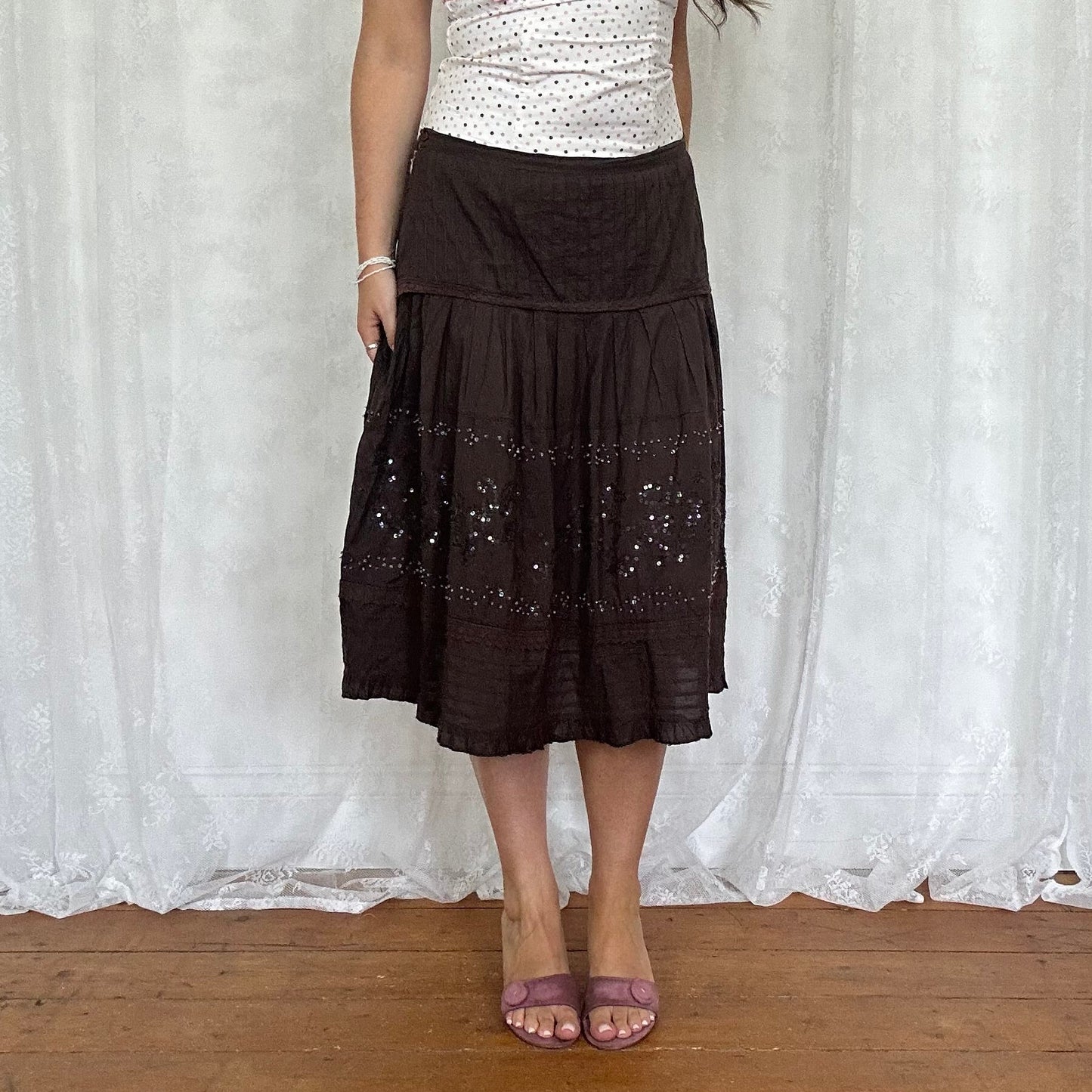 vintage 00s brown beaded tiered midi skirt